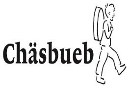 Das Logo zeigt den Schriftzug Chäsbueb mit einem Jungen am Schluss vom Wort, welcher ein Käse auf dem Rücken trägt. 
