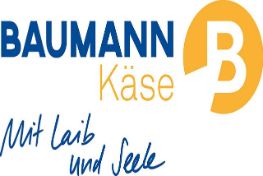 Das Bild zeigt das aktuelle Baumann Käse Logo. Weisser Hintergrund, blaue und gelbe Schrift sowie der Claim "Mit Laib und Seele"